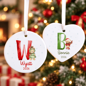 Personalized Teddy Bear Initial Ceramic Christmas Ornament with Name and Year Ribbon Home Decor Baby's First Christmas Gift for Kids Family