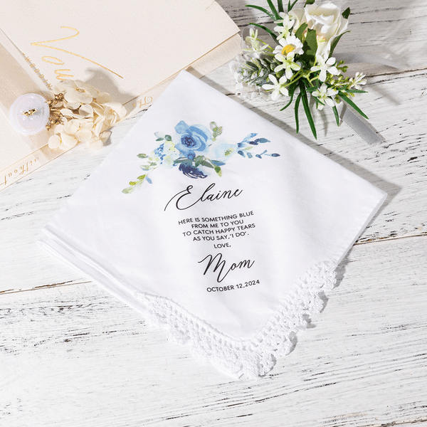 Personalised Wedding Floral Lace 100% Cotton Handkerchief with Name and Date Something Blue Bridal Shower Gift for Brides