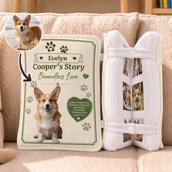 Personalized Vintage Paw Print Heart Pet Photo Book Shaped Soft Throw Pillow with Name and Text Birthday Christmas Holiday Gift for Pet Owner