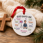 Personalized God Says I Am Cartoon Character Round Ceramic Ornament with Name and Birth Flower Tree Decor Christmas Gift for Christian Believer