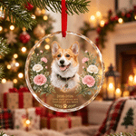 Décoration de Noël personnalisée en verre acrylique représentant une peinture à l'huile d'un animal de compagnie, avec sa photo, sa fleur de naissance, son nom et un texte ; cadeau commémoratif pour l