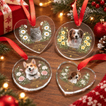 Décoration de Noël personnalisée en verre acrylique représentant une peinture à l'huile d'un animal de compagnie, avec sa photo, sa fleur de naissance, son nom et un texte ; cadeau commémoratif pour l