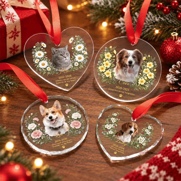 Personalized Oil Painting Pet Photo Birth Flower Acrylic Glass Ornament with Name and Text Tree Decoration Christmas Memorial Gift for Pet Lovers
