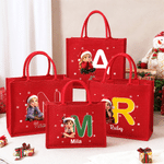 Personalized Santa Hat Initial 3D-Style Character Artwork Photo Large Capacity Red Tote Bag with Name Christmas Gift for Kids Family