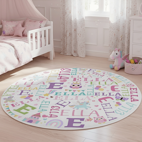 Tapis rond personnalisé avec nuage de mots « licorne, fusée, dinosaure » dans un style fantaisie rose, orné d'une initiale et d'un prénom – Décoration de chambre et cadeau d'anniversaire pour enfant
