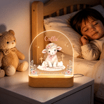 Lampada da notte LED personalizzata con versetto cristiano sull’agnello, base in legno e nome: ideale per la cameretta del bambino, regalo di compleanno per neonati