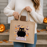 Gepersonaliseerde Halloween-cartoon: spook, zwarte kat en pompoen – grote jute draagtas met naam – Halloweenfeest- en feestdagcadeau voor kinderen (jongens en meisjes)