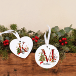Décoration de Noël personnalisée en céramique, ronde, sur le thème de Noël : Père Noël, bonhomme de neige, sapin de Noël et cœur, avec prénom. Cadeau de Noël pour la famille et les amis.