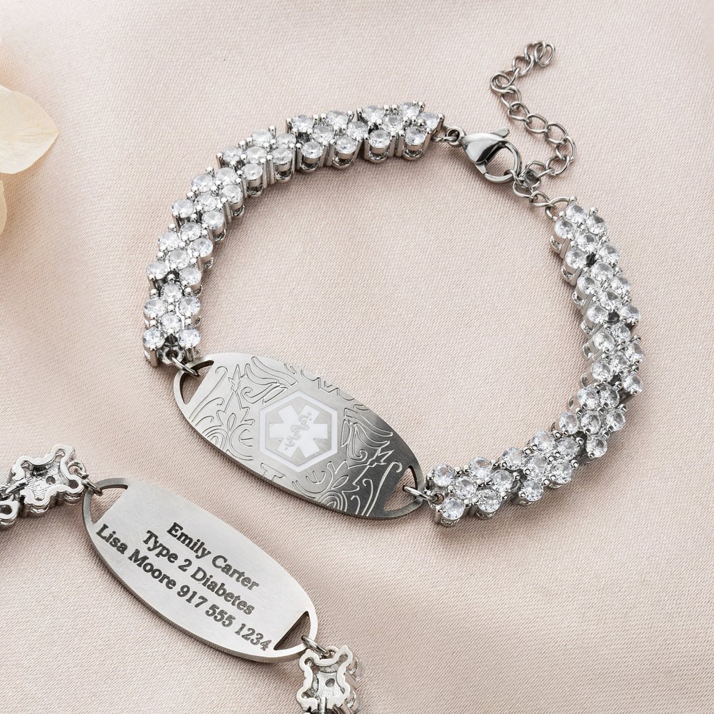 Personalised Cubic Zirconia Medical Alert ID Bracelet with Engraved Text Emergency Gift for Diabetes Allergies Epilepsy 3