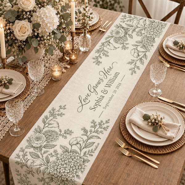 Personalized Wedding Table Runner with Names & Date, Vintage Botanical Linen Table Decor, Wedding Reception & Anniversary Gift for Newlyweds/Couples