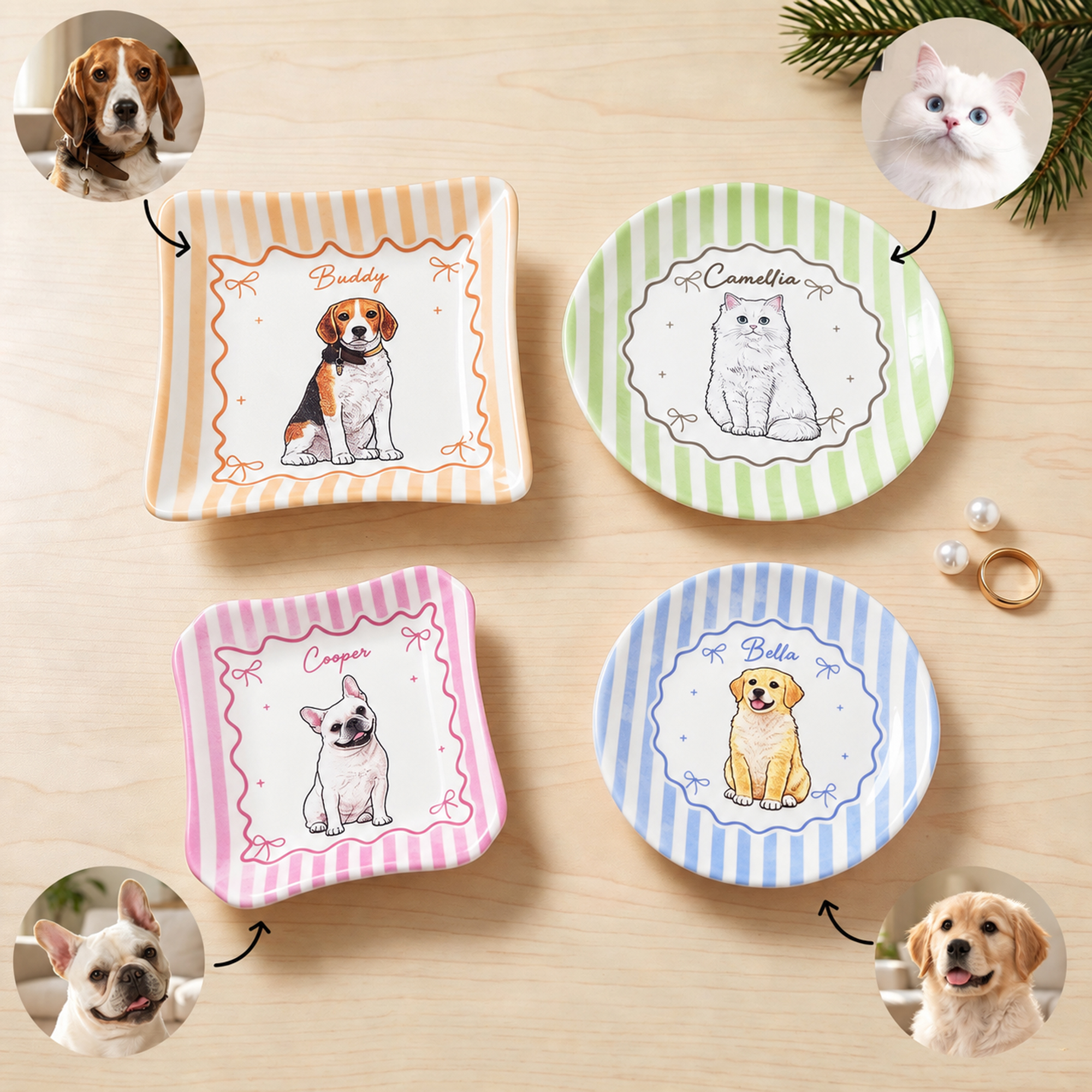 Personalisierte Keramik-Schmuckschale im Aquarellstil mit Haustierfoto und Streifenmuster sowie Namenszug – Wohnaccessoire und Geburtstagsgeschenk für Frauen und Tierfreunde