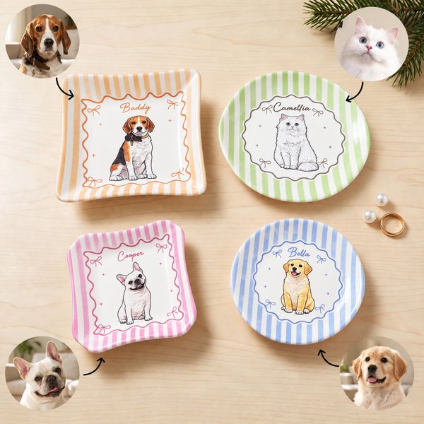Petit plat en céramique personnalisé avec photo et nom d'animal - Effet aquarelle - Cadeau d'anniversaire pour amoureuses des animaux