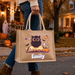Gepersonaliseerde Halloween-cartoon: spook, zwarte kat en pompoen – grote jute draagtas met naam – Halloweenfeest- en feestdagcadeau voor kinderen (jongens en meisjes)