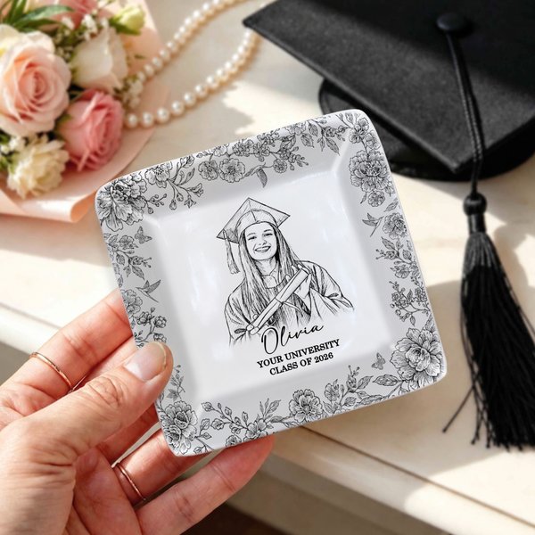 Personalisierte Hand gezeichneten Bleistift Stil Graduierung Foto Keramik Schmuck Schale mit Jahr Name und Schule Name täglichen Gebrauch Graduierung Geschenk für Absolventen