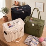 Borsa portalavoro grande in tela personalizzata, con foto a cartone animato, tasche per ferri, manico e nome - Regalo di compleanno per creative