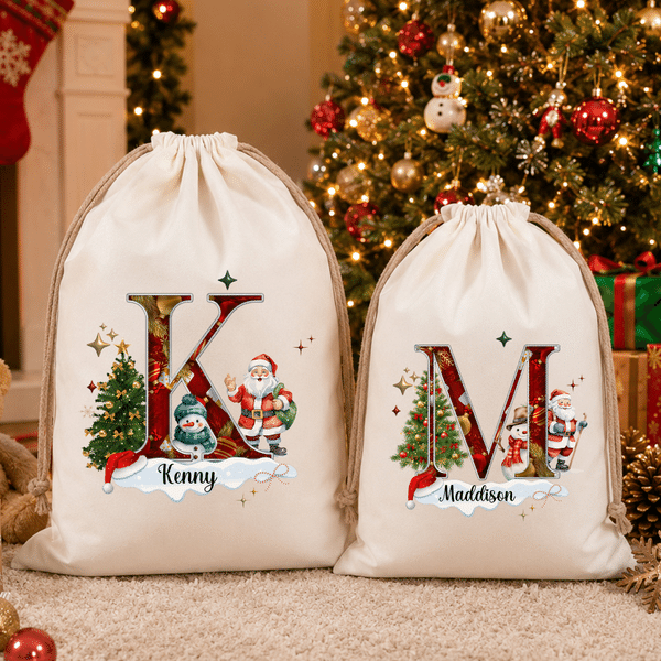 Personalized Santa Claus Snowman Christmas Tree Drawstring Canvas Gift Bag with Name and Initial Christmas Gift for Kids Family