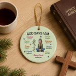 Personalized God Says I Am Cartoon Character Round Ceramic Ornament with Name and Birth Flower Tree Decor Christmas Gift for Christian Believer