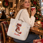 Personalised Christmas Sock Initial Large Capacity Corduroy Tote Bag with Name Travel Essential Christmas Gift for Family Friend
