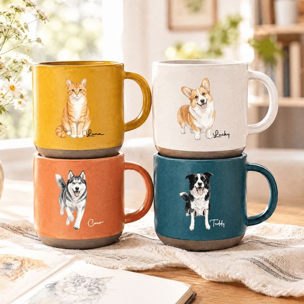 Tazza da caffè in ceramica con ritratto personalizzato ad acquerello del proprio animale domestico e nome: regalo di compleanno per l'uso quotidiano, ideale per gli amanti degli animali domestici