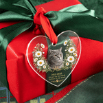 Décoration de Noël personnalisée en verre acrylique représentant une peinture à l'huile d'un animal de compagnie, avec sa photo, sa fleur de naissance, son nom et un texte ; cadeau commémoratif pour l