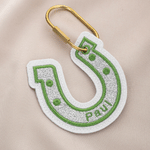 Personalised Embroidered Lucky Horseshoe Glitter U-Shaped Bag Charm with Text Back to School Baby Shower Christmas Gift for Kids Students
