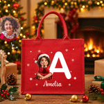 Personalized Santa Hat Initial 3D-Style Character Artwork Photo Large Capacity Red Tote Bag with Name Christmas Gift for Kids Family