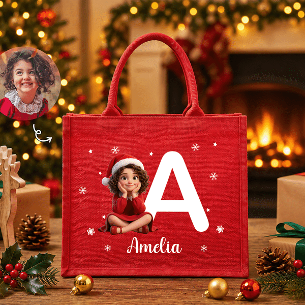 Bolsa de mano roja de gran capacidad con diseño personalizado de Papá Noel con gorro y iniciales en estilo 3D, con ilustración de personajes y foto, regalo de Navidad para niños y familia