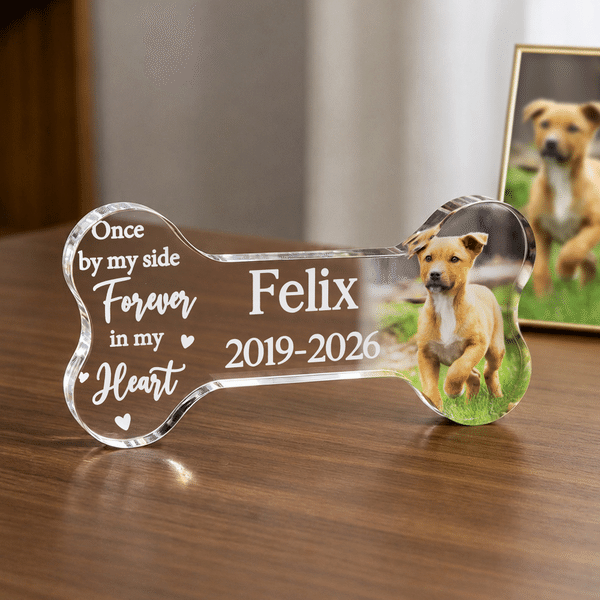 Personalisierte Acryl-Fototafel „Once by My Side, Forever in My Heart“ mit Namen und Datum – Jubiläums-Gedenkgeschenk für Tierhalter