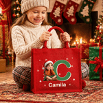 Personalized Santa Hat Initial 3D-Style Character Artwork Photo Large Capacity Red Tote Bag with Name Christmas Gift for Kids Family