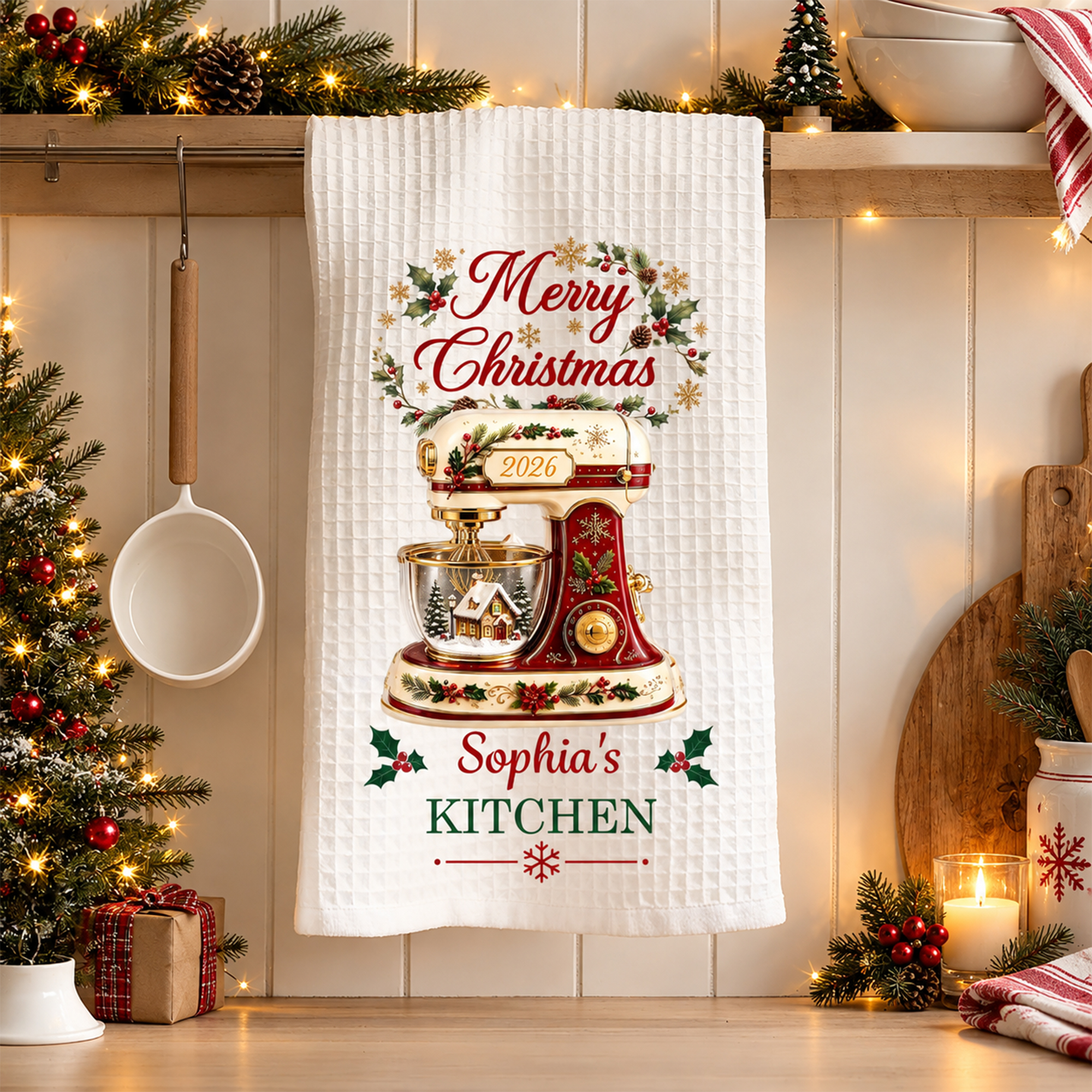 Personalisiertes Geschirrtuch mit Weihnachtsmotiv „Merry Christmas“ und Backmixer-Motiv – weiche Waffeltextur, mit Namen bedruckt – Küchendekoration, Weihnachtsgeschenk für Familie und Freunde