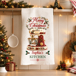 Personalized Merry Christmas Baking Mixer Soft Waffle Tea Towel with Name Kitchen Decor Christmas Gift for Family Friends