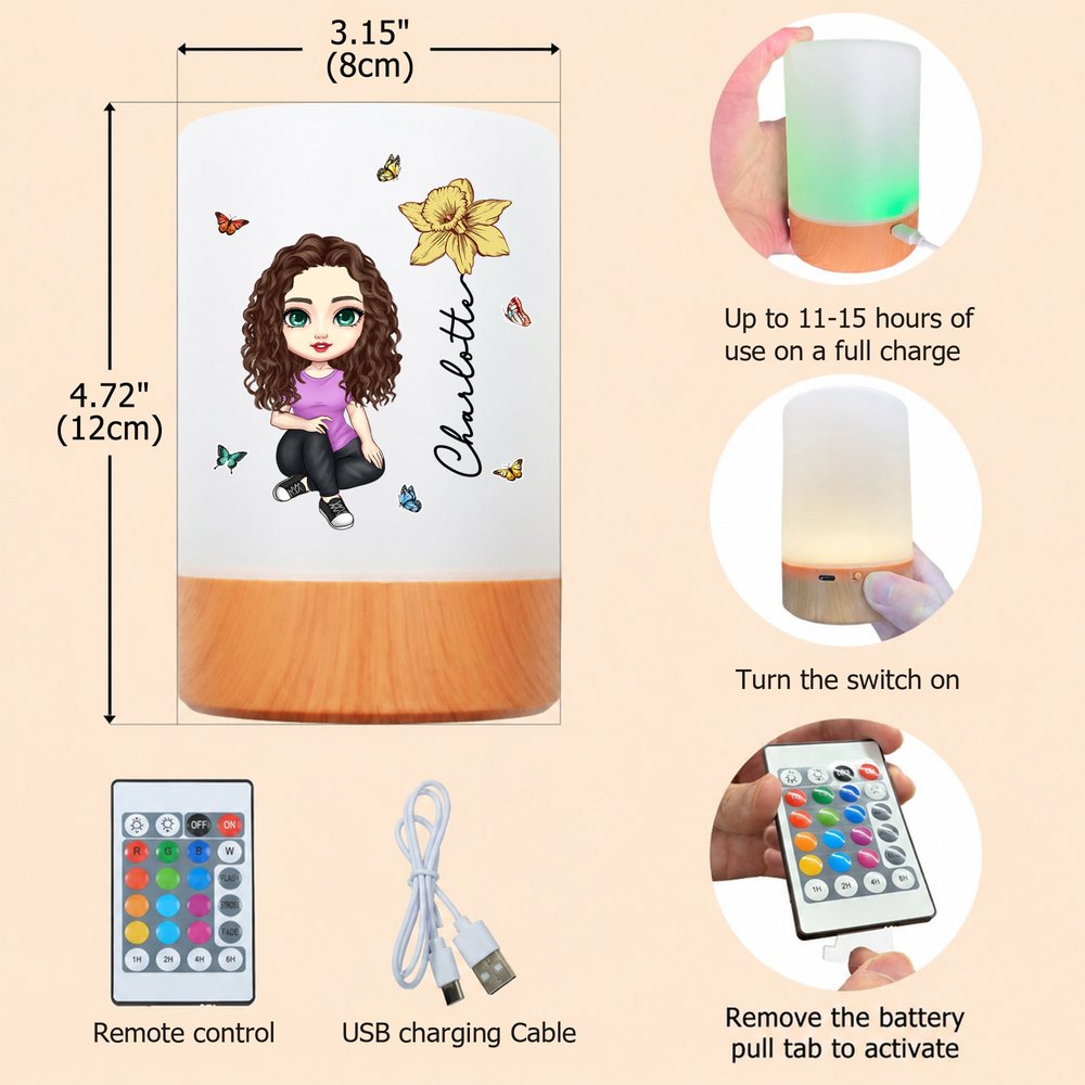 Personalised Cartoon Character Birth Flower Dimmable Touch LED Night Light with Name and Adjustable Colors Home Decor Birthday Gift for Kid Family 10