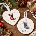 Personalized Christmas Sock Initial Heart Round Ceramic Ornament with Name Tree Decor Christmas Gift for Family Friend