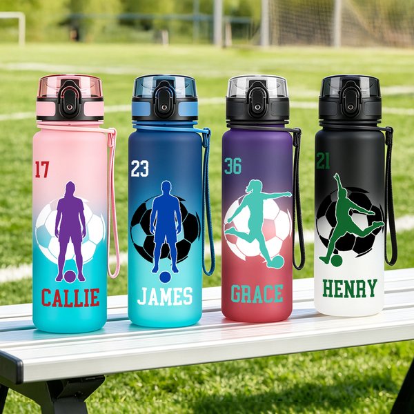 Personalised Multicolour Soccer Player Silhouette Water Bottle with Name and Number Daily Drinking Travel Birthday Gift for Teenagers Players