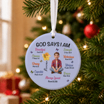 Personalized God Says I Am Cartoon Character Round Ceramic Ornament with Name and Birth Flower Tree Decor Christmas Gift for Christian Believer