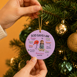 Personalized God Says I Am Cartoon Character Round Ceramic Ornament with Name and Birth Flower Tree Decor Christmas Gift for Christian Believer