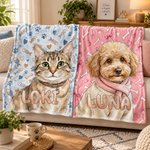 Manta suave personalizada con foto de tu mascota en acuarela y diseño de espina de pescado, con su nombre; ideal para uso diario, como regalo de cumpleaños o por la adopción de una mascota, para amant