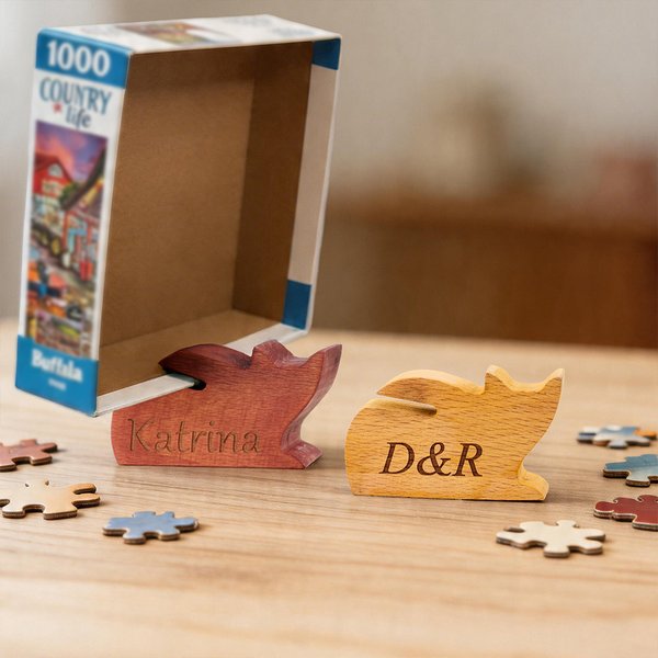 Personalised Cute Cat Shape Wooden Jigsaw Puzzle Box Lid Holder with Engraved Text Jigsaw Puzzles Tool Birthday Game Night Gift for Puzzle Lovers