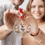 Décoration de Noël personnalisée en verre acrylique représentant une peinture à l'huile d'un animal de compagnie, avec sa photo, sa fleur de naissance, son nom et un texte ; cadeau commémoratif pour l