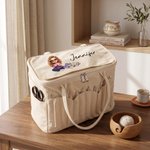 Borsa portalavoro grande in tela personalizzata, con foto a cartone animato, tasche per ferri, manico e nome - Regalo di compleanno per creative