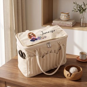 Borsa portalavoro grande in tela personalizzata, con foto a cartone animato, tasche per ferri, manico e nome - Regalo di compleanno per creative
