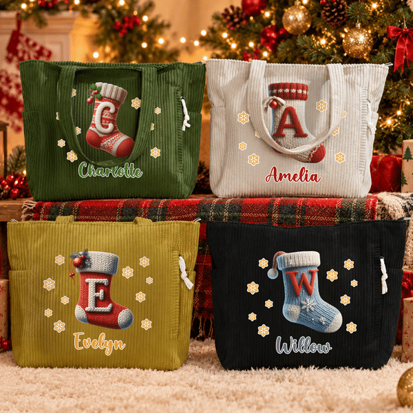 Personalised Christmas Sock Initial Large Capacity Corduroy Tote Bag with Name Travel Essential Christmas Gift for Family Friend