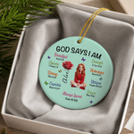 Personalized God Says I Am Cartoon Character Round Ceramic Ornament with Name and Birth Flower Tree Decor Christmas Gift for Christian Believer