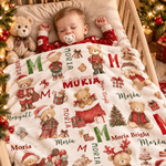 Personalised Christmas Cartoon Teddy Bear Soft Throw Blanket with Name and Initial Home Decor Christmas Gift for Kid Toddler Baby