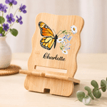 Supporto per cellulare in legno personalizzato con farfalla colorata e fiore del mese di nascita, con nome: decorazione da scrivania, regalo di compleanno per familiari, amici e colleghi d'ufficio