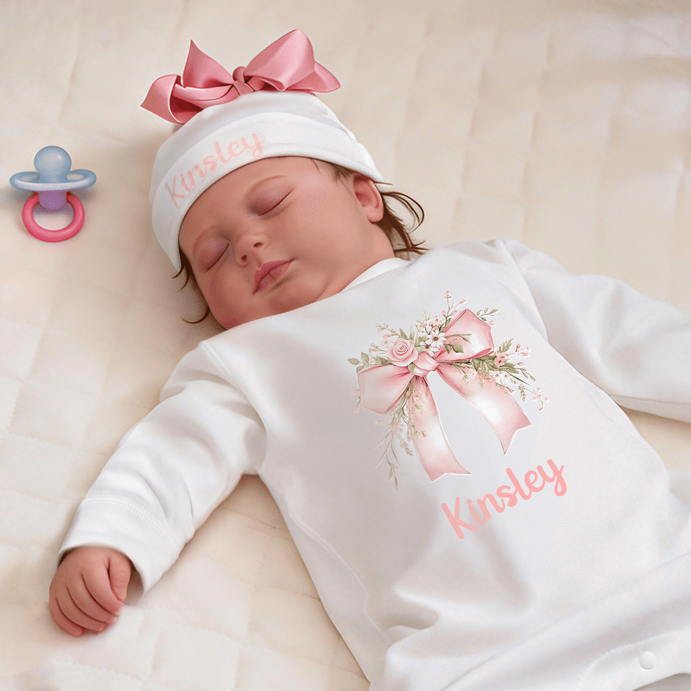 Spersonalizowany, wykonany w 100% z bawełny, miękki kombinezon dla dziewczynki z motywem kwiatowym i kokardką oraz czapeczką z imieniem – prezent na baby shower i urodziny dla noworodka oraz świeżo up 3