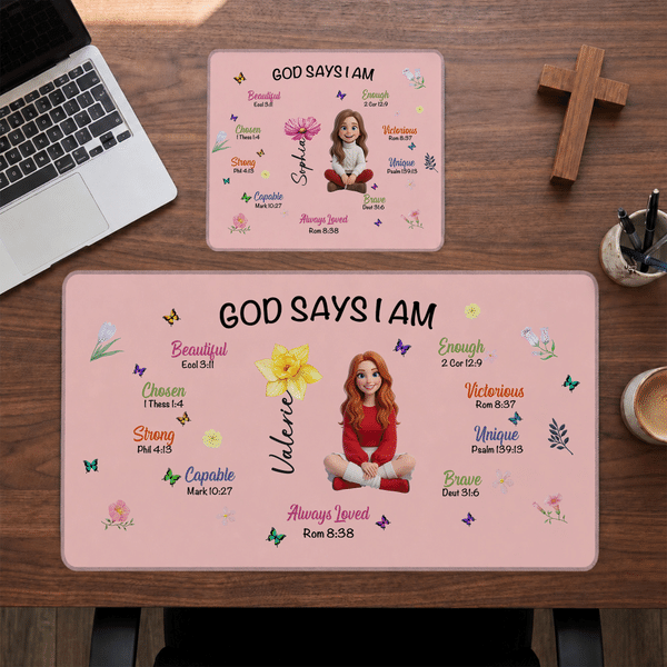 Tapis de souris antidérapant personnalisé avec illustration en 3D, motif cartoon, photo, fleur de naissance et nom – Accessoires de bureau – Cadeau de Noël ou de baptême pour les chrétiens
