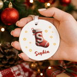 Personalized Christmas Sock Initial Heart Round Ceramic Ornament with Name Tree Decor Christmas Gift for Family Friend