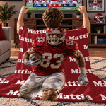 Personalized Oil Painting American Football Player Portrait Soft Throw Blanket with Name Bedroom Decor Birthday Gift for Rugby Players Teenagers