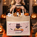 Gepersonaliseerde Halloween-cartoon: spook, zwarte kat en pompoen – grote jute draagtas met naam – Halloweenfeest- en feestdagcadeau voor kinderen (jongens en meisjes)